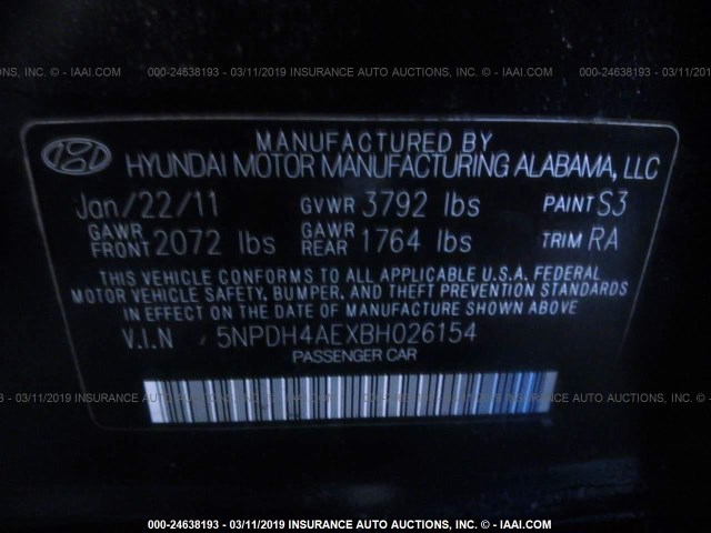 5NPDH4AEXBH026154 - 2011 HYUNDAI ELANTRA GLS/LIMITED BLACK photo 9