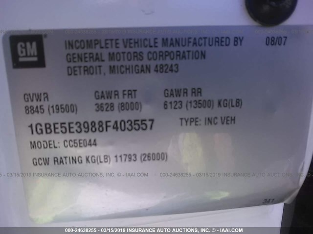 1GBE5E3988F403557 - 2008 CHEVROLET C5500 C5E042 WHITE photo 9