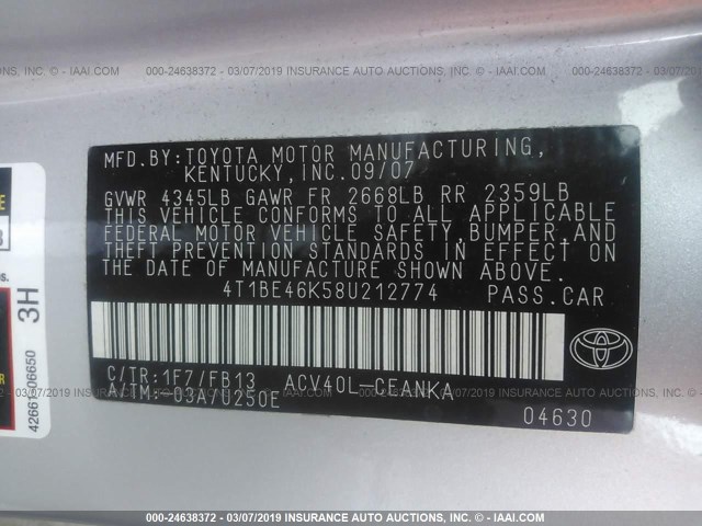 4T1BE46K58U212774 - 2008 TOYOTA CAMRY CE/LE/XLE/SE 银色 照片 9