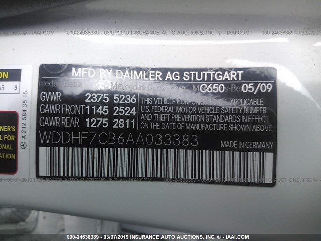 WDDHF7CB6AA033383 - 2010 MERCEDES-BENZ E 550 WHITE photo 9