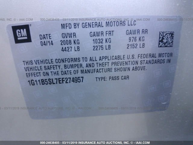 1G11B5SL7EF274957 - 2014 CHEVROLET MALIBU LS CREAM photo 9