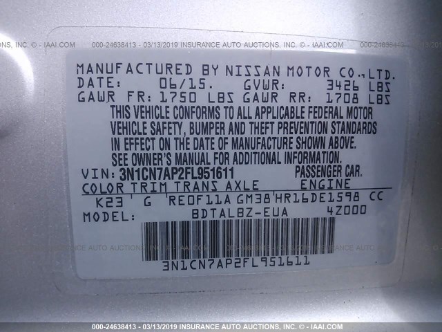 3N1CN7AP2FL951611 - 2015 NISSAN VERSA S/S PLUS/SV/SL SILVER photo 9