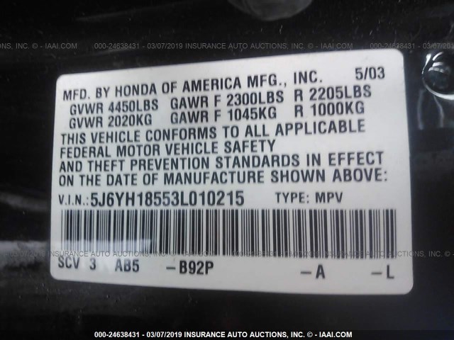 5J6YH18553L010215 - 2003 HONDA ELEMENT EX BLACK photo 9