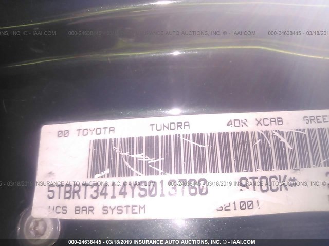 5TBRT3414YS013760 - 2000 TOYOTA TUNDRA ACCESS CAB/ACCESS CAB SR5 GREEN photo 9