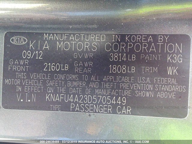 KNAFU4A23D5705449 - 2013 KIA FORTE EX GRAY photo 9