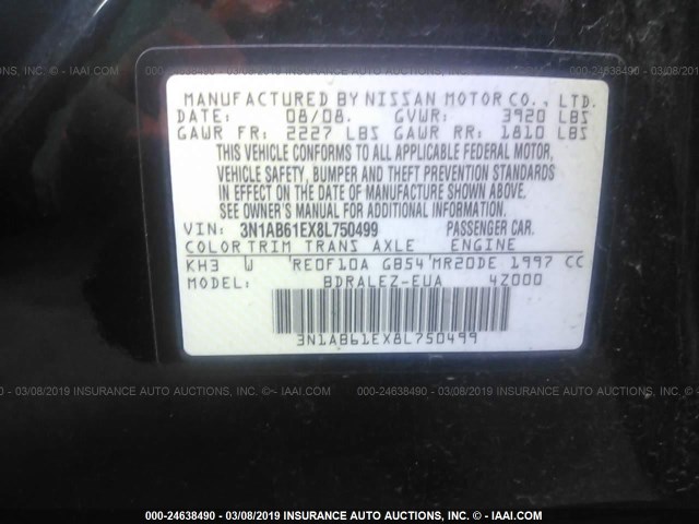 3N1AB61EX8L750499 - 2008 NISSAN SENTRA 2.0/2.0S/2.0SL BLACK photo 9