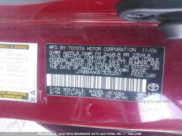 JTNBB46K873032251 - 2007 TOYOTA CAMRY NEW GENERATION HYBRID RED photo 9