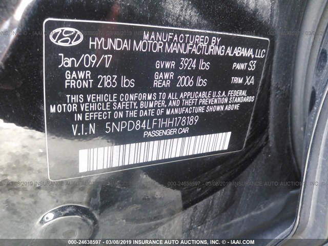 5NPD84LF1HH178189 - 2017 HYUNDAI ELANTRA SE/VALUE/LIMITED BLACK photo 9