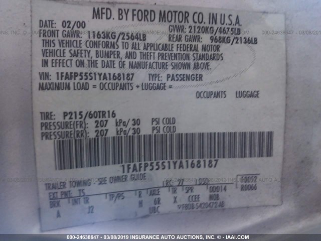 1FAFP55S1YA168187 - 2000 FORD TAURUS SES SILVER photo 9