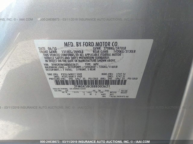 2FMGK5BC8BBD03621 - 2011 FORD FLEX SE SILVER photo 9