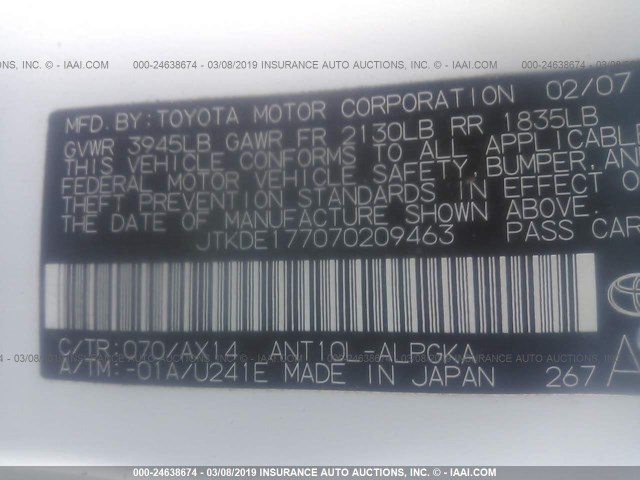 JTKDE177070209463 - 2007 TOYOTA SCION TC თეთრი ფოტო 9