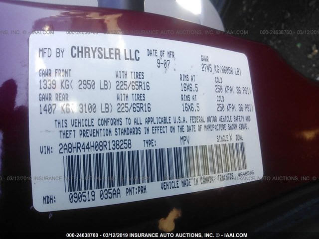 2A8HR44H08R138258 - 2008 CHRYSLER TOWN & COUNTRY LX RED photo 9