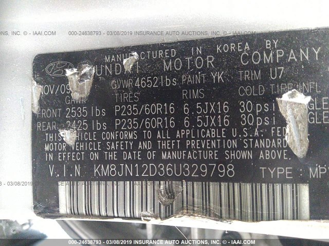 KM8JN12D36U329798 - 2006 HYUNDAI TUCSON GLS/LIMITED ვერცხლისფერი ფოტო 9