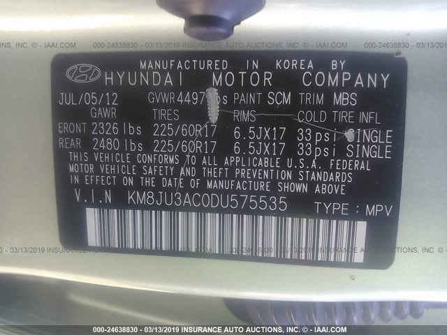 KM8JU3AC0DU575535 - 2013 HYUNDAI TUCSON GLS/LIMITED მწვანე ფოტო 9