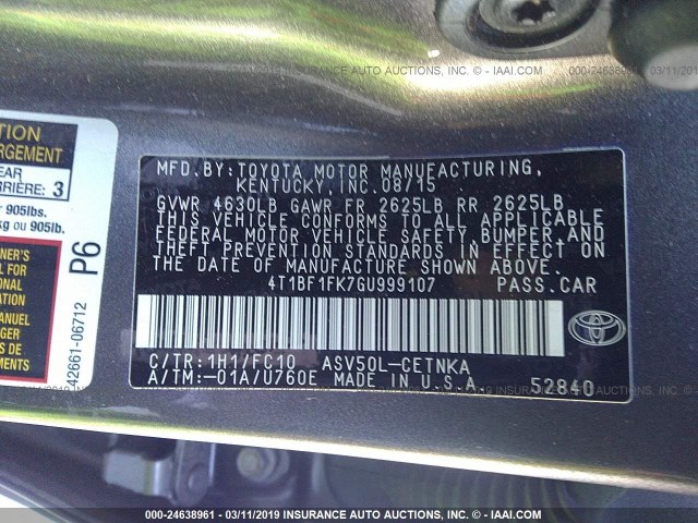 4T1BF1FK7GU999107 - 2016 TOYOTA CAMRY LE/XLE/SE/XSE GRAY photo 9