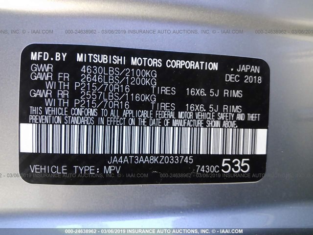 JA4AT3AA8KZ033745 - 2019 MITSUBISHI ECLIPSE CROSS ES SILVER photo 9