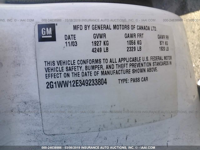 2G1WW12E349233804 - 2004 CHEVROLET MONTE CARLO LS WHITE photo 9