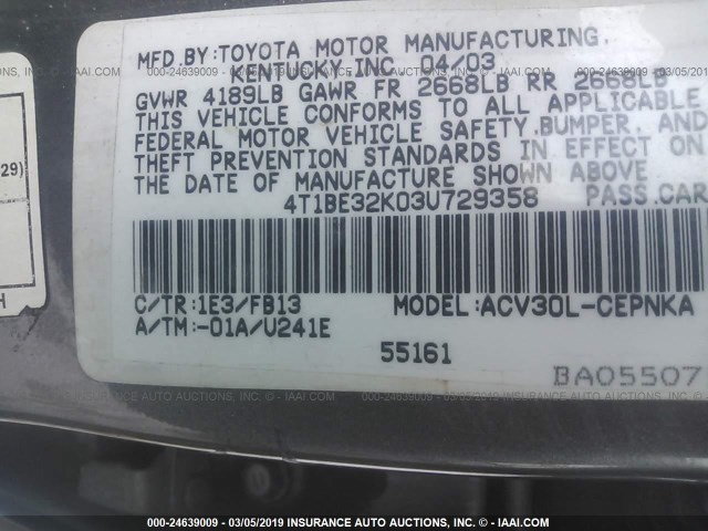 4T1BE32K03U729358 - 2003 TOYOTA CAMRY LE/XLE/SE GRAY photo 9