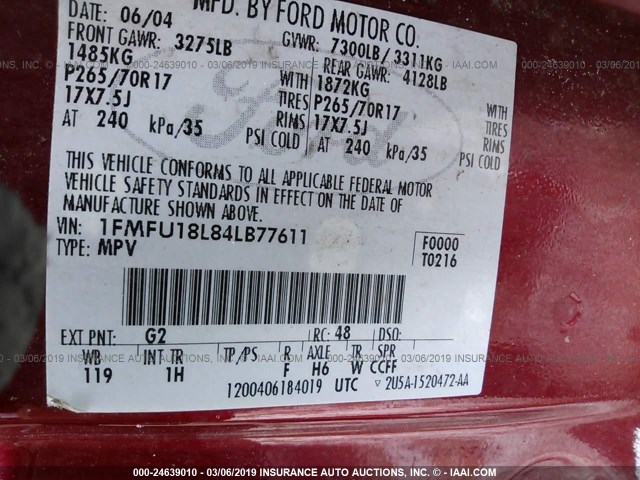 1FMFU18L84LB77611 - 2004 FORD EXPEDITION EDDIE BAUER RED photo 9