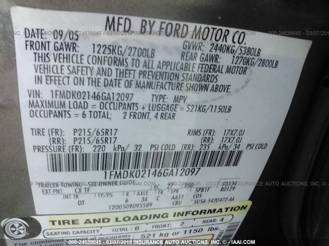 1FMDK02146GA12097 - 2006 FORD FREESTYLE SEL GRAY photo 9