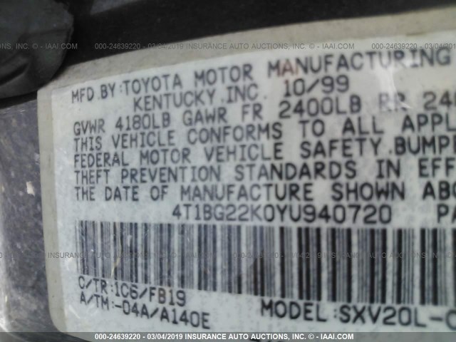 4T1BG22K0YU940720 - 2000 TOYOTA CAMRY CE/LE/XLE 黑色 照片 9