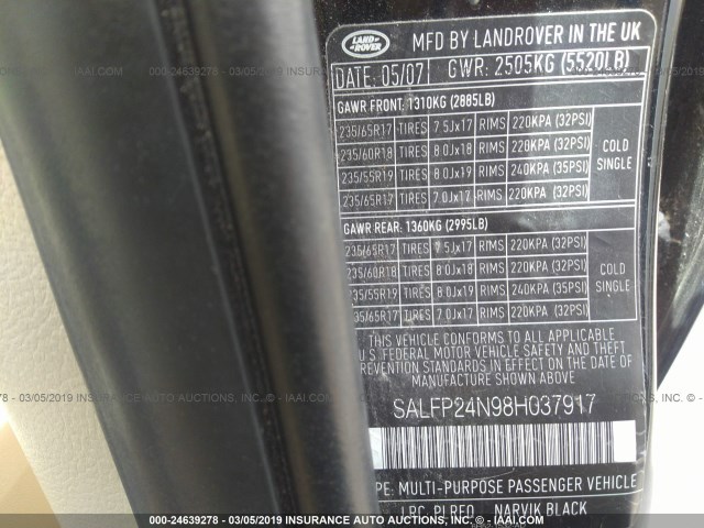 SALFP24N98H037917 - 2008 LAND ROVER LR2 SE BLACK photo 9