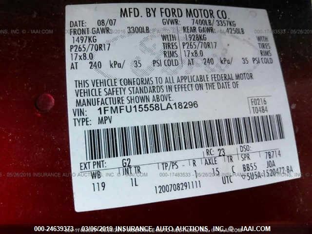 1FMFU15558LA18296 - 2008 FORD EXPEDITION XLT RED photo 9
