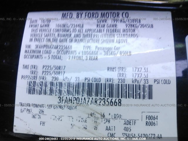 3FAHP0JA7AR235668 - 2010 FORD FUSION SEL BLACK photo 9