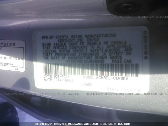 4T1BE32K12U626805 - 2002 TOYOTA CAMRY LE/XLE/SE SILVER photo 9