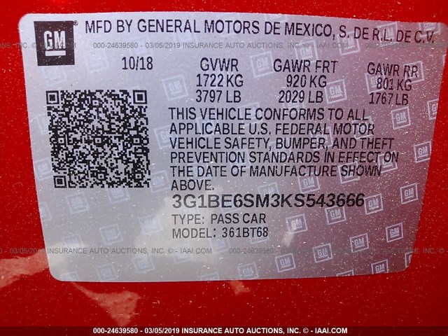 3G1BE6SM3KS543666 - 2019 CHEVROLET CRUZE RED photo 9