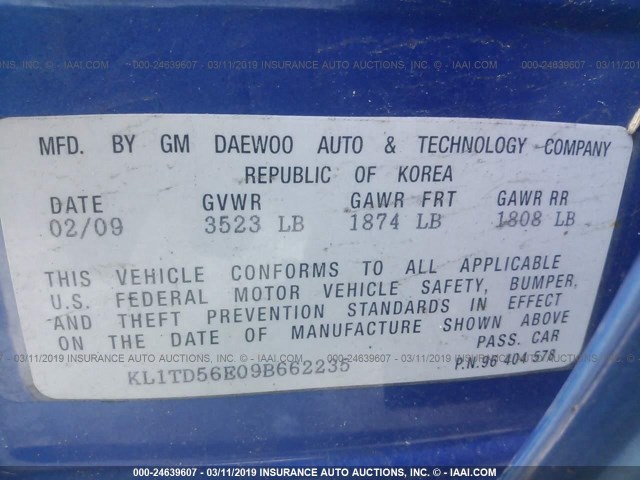 KL1TD56E09B662235 - 2009 CHEVROLET AVEO LS/LT ლურჯი ფოტო 9