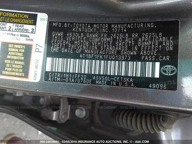 4T1BF1FK1FU013973 - 2015 TOYOTA CAMRY LE/XLE/SE/XSE GRAY photo 9