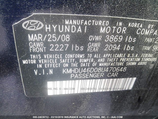 KMHDU46D08U470648 - 2008 HYUNDAI ELANTRA GLS/SE/LIMITED BLUE photo 9