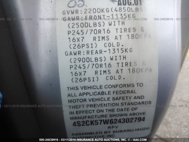 4S2CK57W624302794 - 2002 ISUZU RODEO SPORT SILVER photo 9