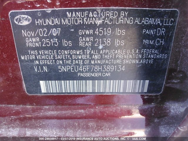 5NPEU46F78H389134 - 2008 HYUNDAI SONATA SE/LIMITED RED photo 9