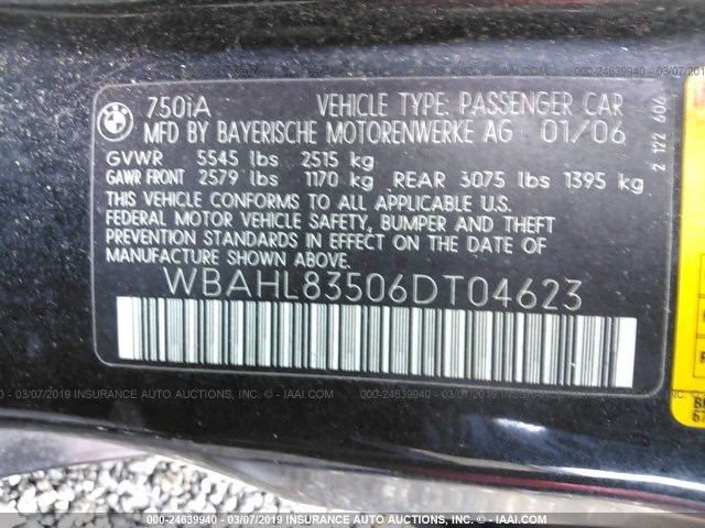 WBAHL83506DT04623 - 2006 BMW 750 I BLACK photo 9