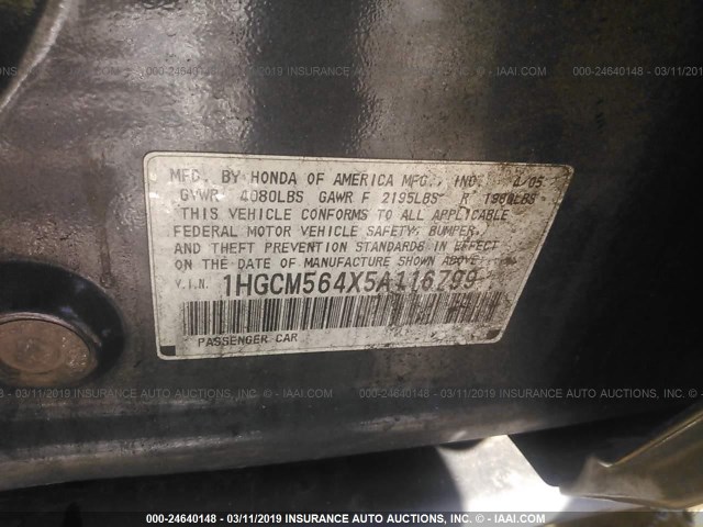 1HGCM564X5A116799 - 2005 HONDA ACCORD LX GRAY photo 9