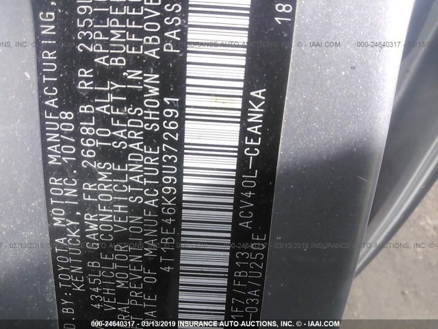 4T1BE46K99U372691 - 2009 TOYOTA CAMRY SE/LE/XLE 银色 照片 9