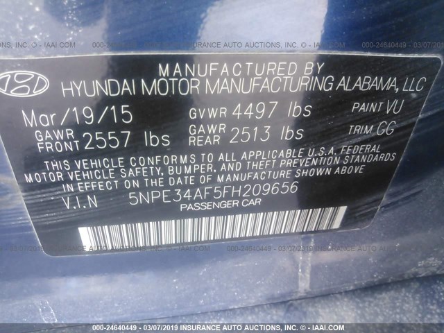 5NPE34AF5FH209656 - 2015 HYUNDAI SONATA SPORT/LIMITED BLUE photo 9