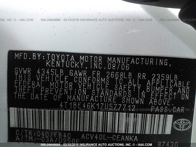 4T1BE46K17U577712 - 2007 TOYOTA CAMRY NEW GENERAT CE/LE/XLE/SE WHITE photo 9