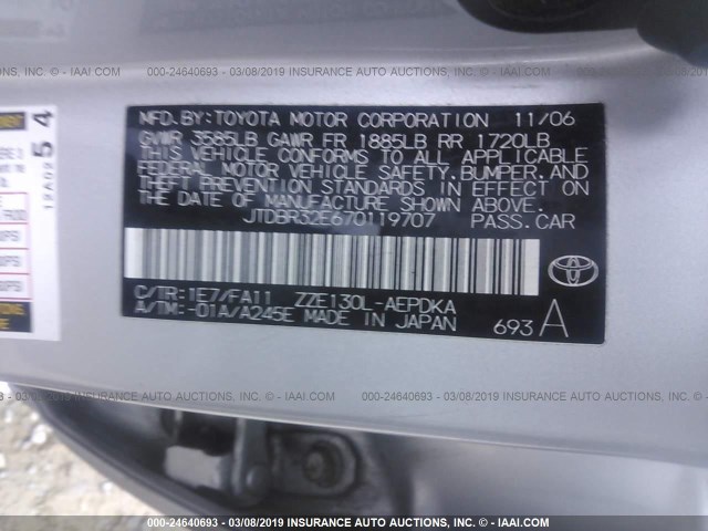 JTDBR32E670119707 - 2007 TOYOTA COROLLA CE/LE/S SILVER photo 9