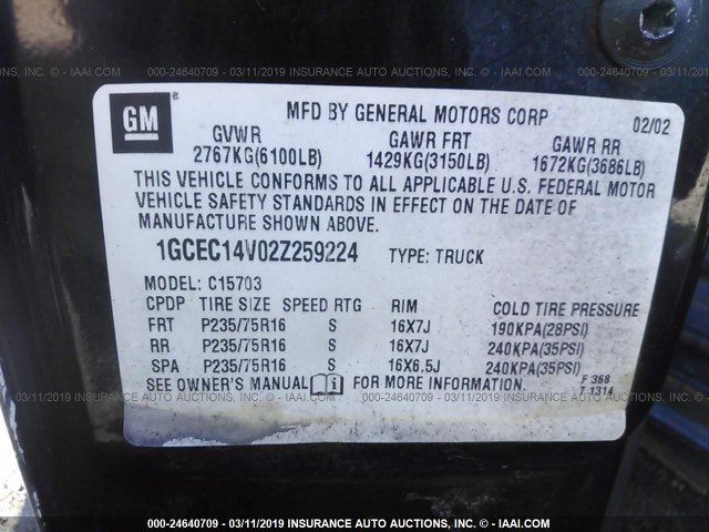 1GCEC14V02Z259224 - 2002 CHEVROLET SILVERADO C1500 BLACK photo 9