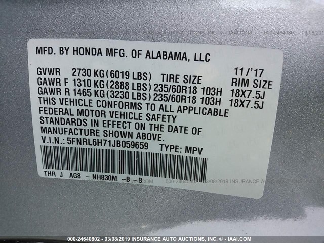 5FNRL6H71JB059659 - 2018 HONDA ODYSSEY EXL SILVER photo 9