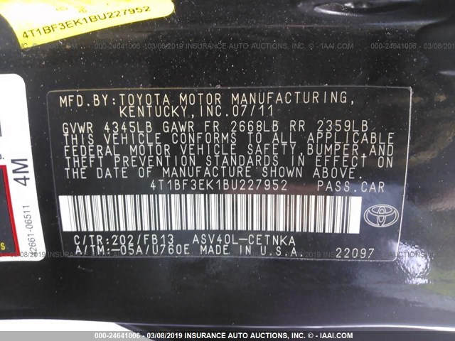 4T1BF3EK1BU227952 - 2011 TOYOTA CAMRY SE/LE/XLE 黑色 照片 9