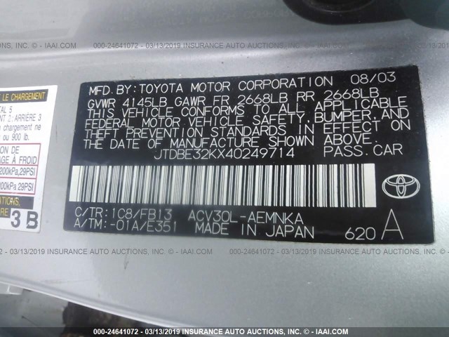 JTDBE32KX40249714 - 2004 TOYOTA CAMRY LE/XLE Күміс фото 9