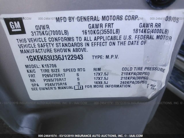 1GKEK63U36J122943 - 2006 GMC YUKON DENALI SILVER photo 9