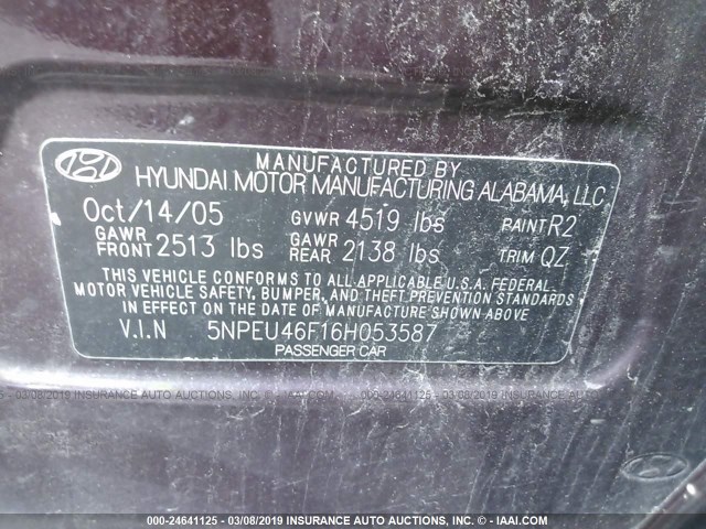 5NPEU46F16H053587 - 2006 HYUNDAI SONATA GLS/LX BURGUNDY photo 9