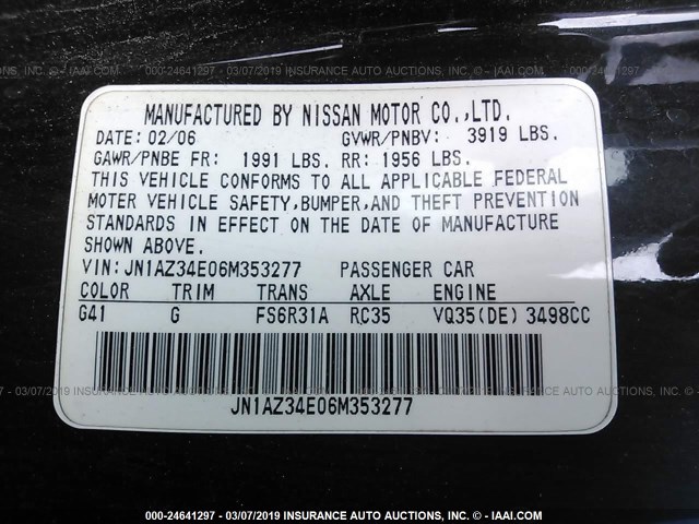 JN1AZ34E06M353277 - 2006 NISSAN 350Z COUPE BLACK photo 9