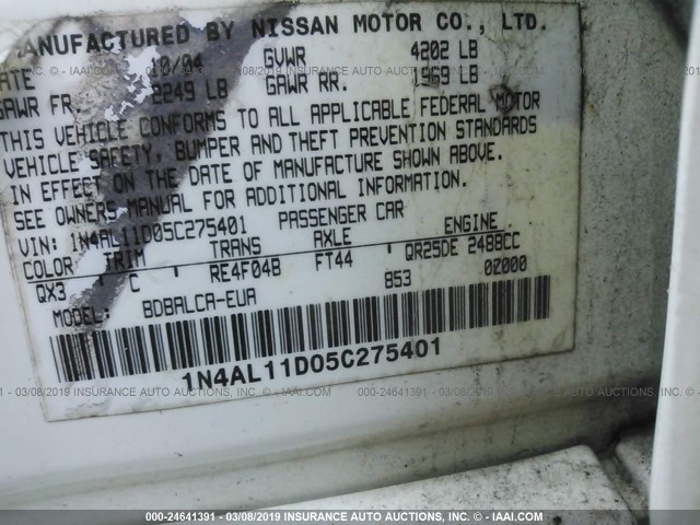 1N4AL11D05C275401 - 2005 NISSAN ALTIMA S/SL WHITE photo 9