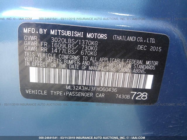 ML32A3HJ3FH060436 - 2015 MITSUBISHI MIRAGE DE BLUE photo 9